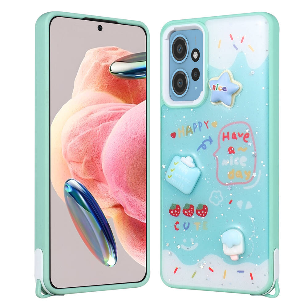 Xiaomi Uyumlu  Redmi 12 4G Kılıf Parlayan Simli Kabartma Figürlü Zore Cevze Kapak-Yeşil