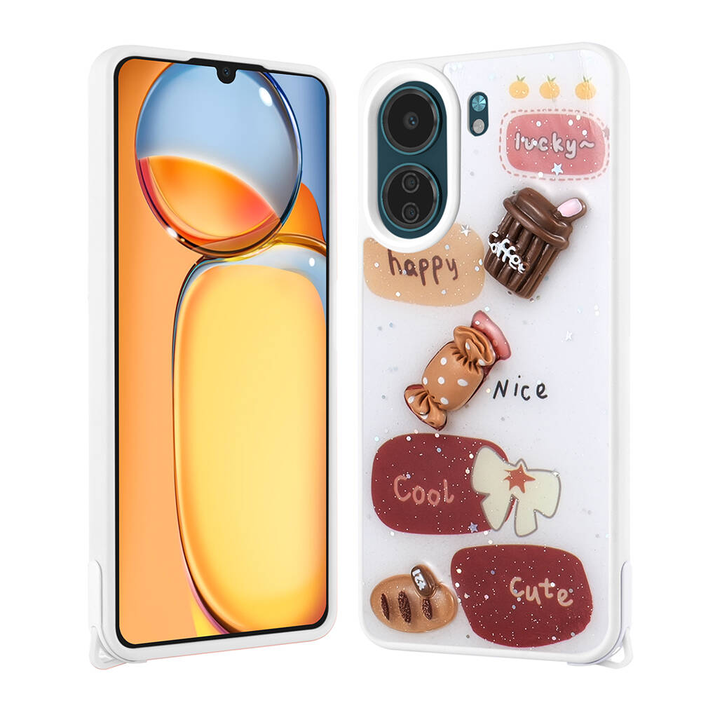 Xiaomi Uyumlu  Redmi 13C Kılıf Parlayan Simli Kabartma Figürlü Zore Cevze Kapak-Beyaz