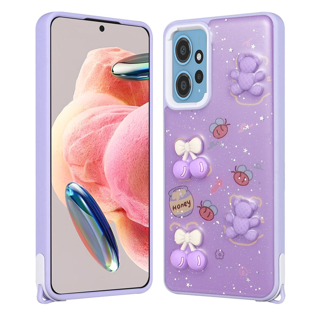 Xiaomi Uyumlu  Redmi Note 12 4G Kılıf Parlayan Simli Kabartma Figürlü Zore Cevze Kapak-Mor ayı
