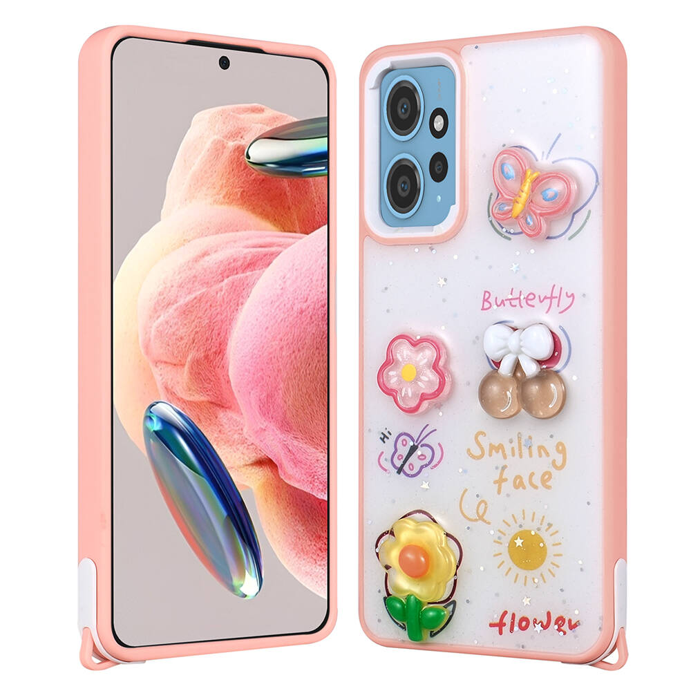 Xiaomi Uyumlu  Redmi Note 12 4G Kılıf Parlayan Simli Kabartma Figürlü Zore Cevze Kapak-Pembe