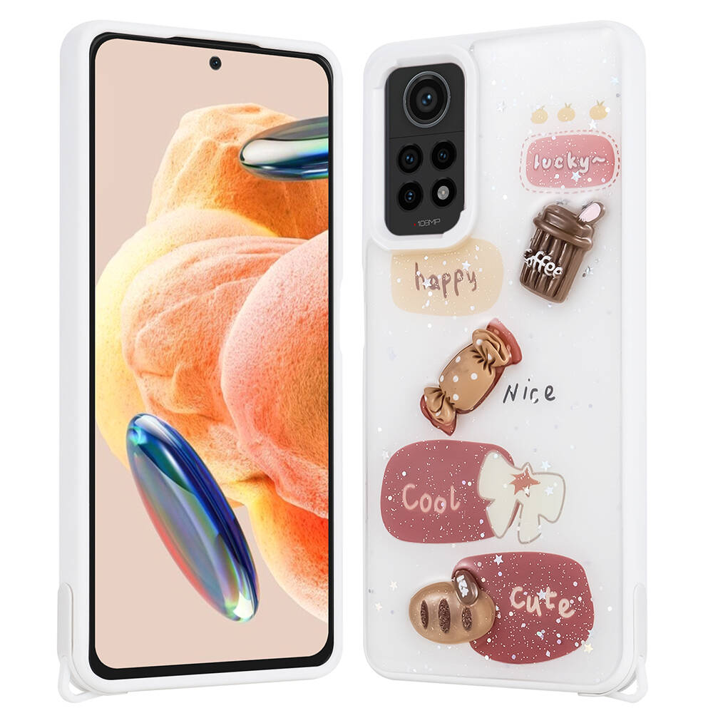 Xiaomi Uyumlu  Redmi Note 12 Pro 4G Kılıf Parlayan Simli Kabartma Figürlü Zore Cevze Kapak-Beyaz