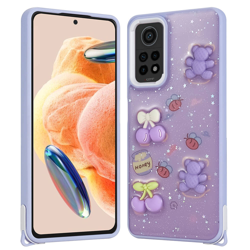 Xiaomi Uyumlu  Redmi Note 12 Pro 4G Kılıf Parlayan Simli Kabartma Figürlü Zore Cevze Kapak-Mor ayı