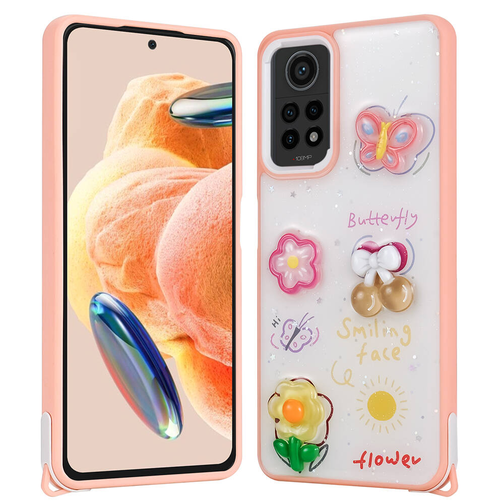 Xiaomi Uyumlu  Redmi Note 12 Pro 4G Kılıf Parlayan Simli Kabartma Figürlü Zore Cevze Kapak-Pembe