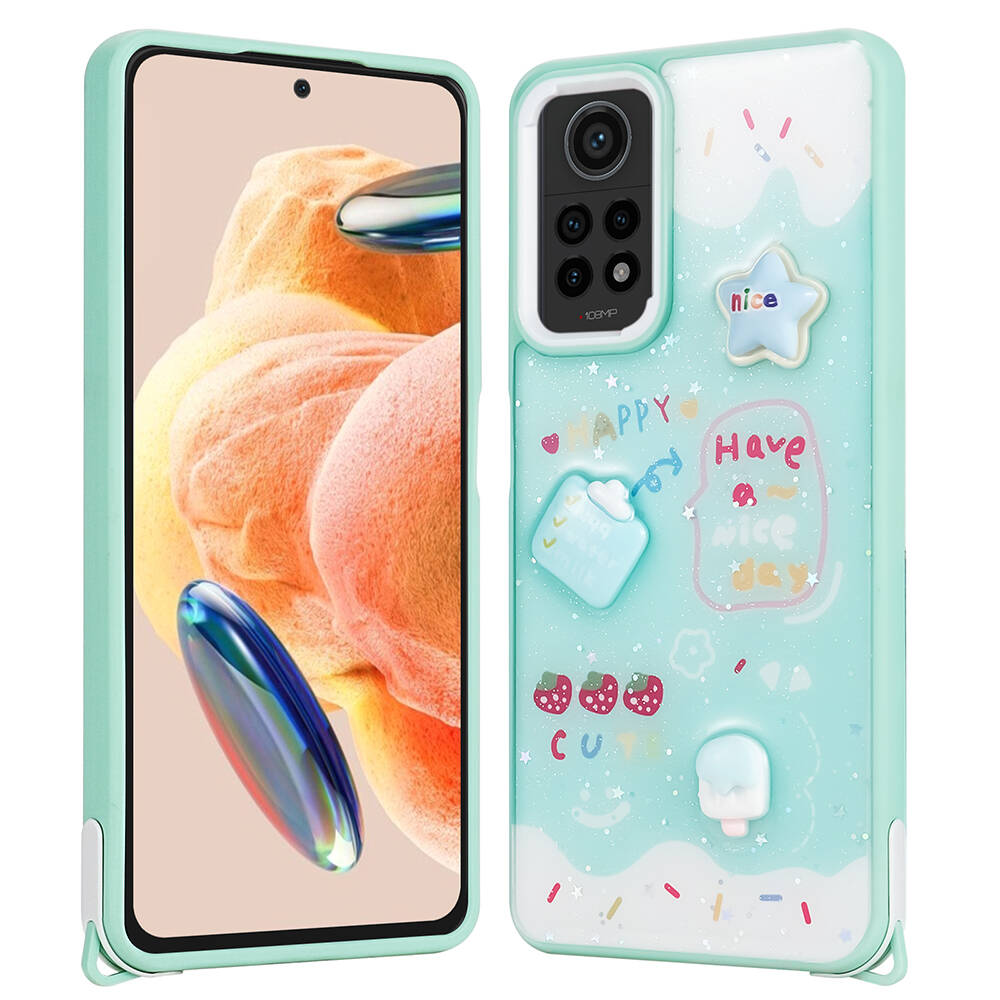Xiaomi Uyumlu  Redmi Note 12 Pro 4G Kılıf Parlayan Simli Kabartma Figürlü Zore Cevze Kapak-Yeşil