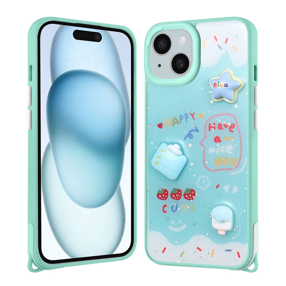 iPhone Uyumlu 14 Kılıf Parlayan Simli Kabartma Figürlü Zore Cevze Kapak-Yeşil