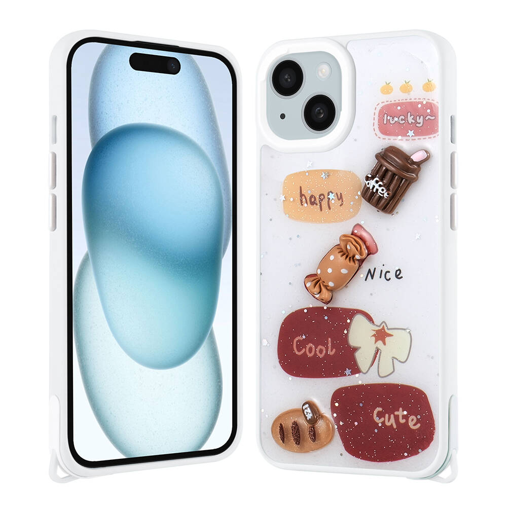 iPhone Uyumlu 14 Plus Kılıf Parlayan Simli Kabartma Figürlü Zore Cevze Kapak-Beyaz