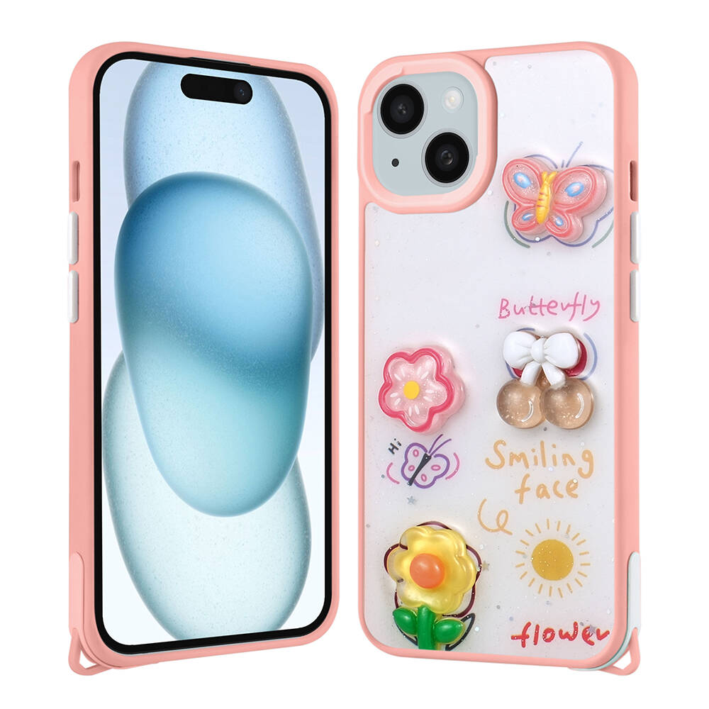 iPhone Uyumlu 14 Plus Kılıf Parlayan Simli Kabartma Figürlü Zore Cevze Kapak-Pembe