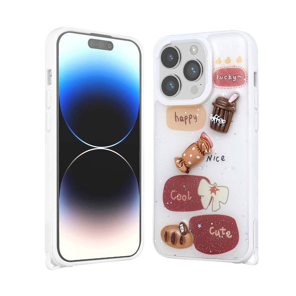 iPhone Uyumlu 14 Pro Kılıf Parlayan Simli Kabartma Figürlü Zore Cevze Kapak-Beyaz