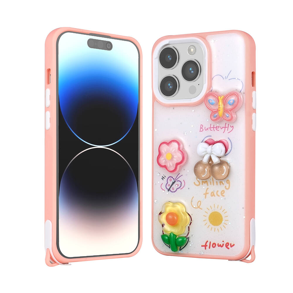iPhone Uyumlu 14 Pro Kılıf Parlayan Simli Kabartma Figürlü Zore Cevze Kapak-Pembe