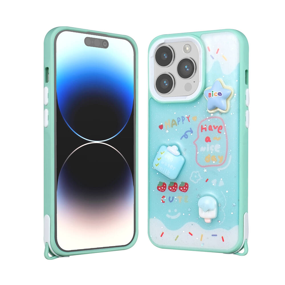 iPhone Uyumlu 14 Pro Max Kılıf Parlayan Simli Kabartma Figürlü Zore Cevze Kapak-Yeşil