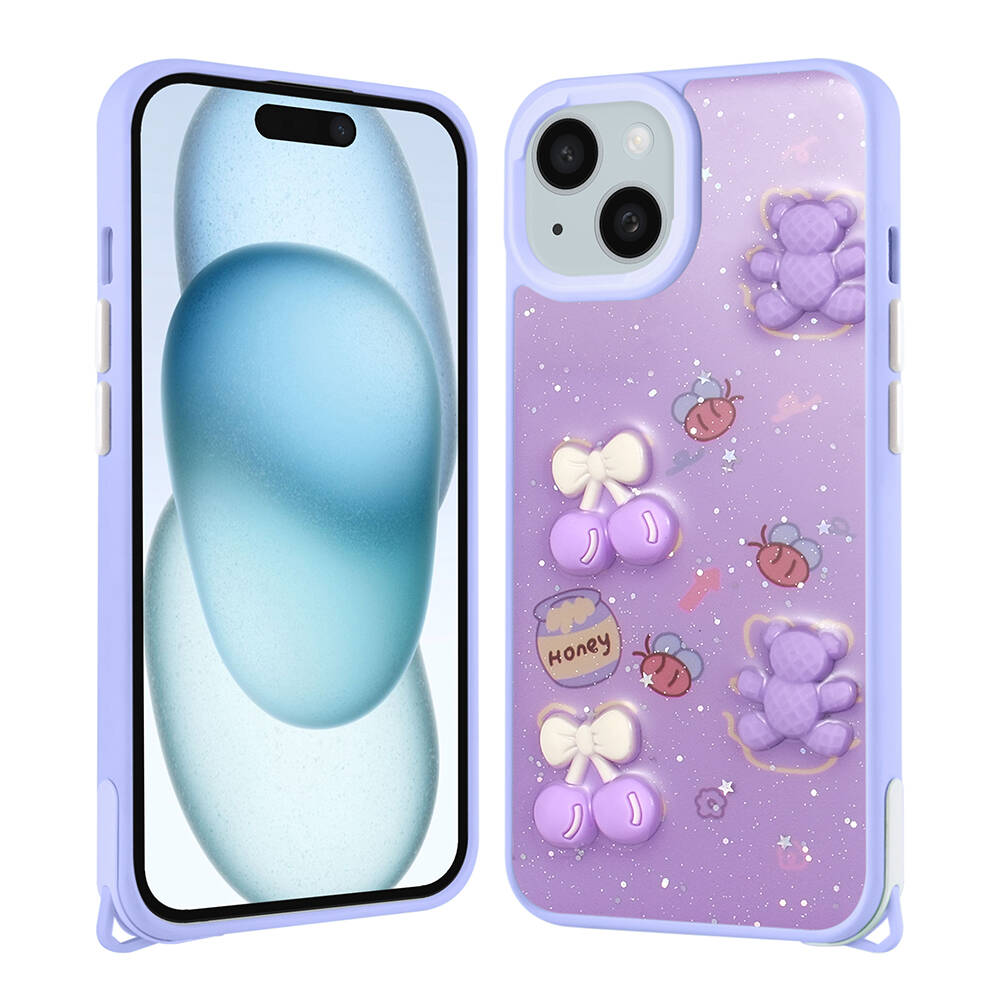 iPhone Uyumlu 15 Plus Kılıf Parlayan Simli Kabartma Figürlü Zore Cevze Kapak-Mor ayı