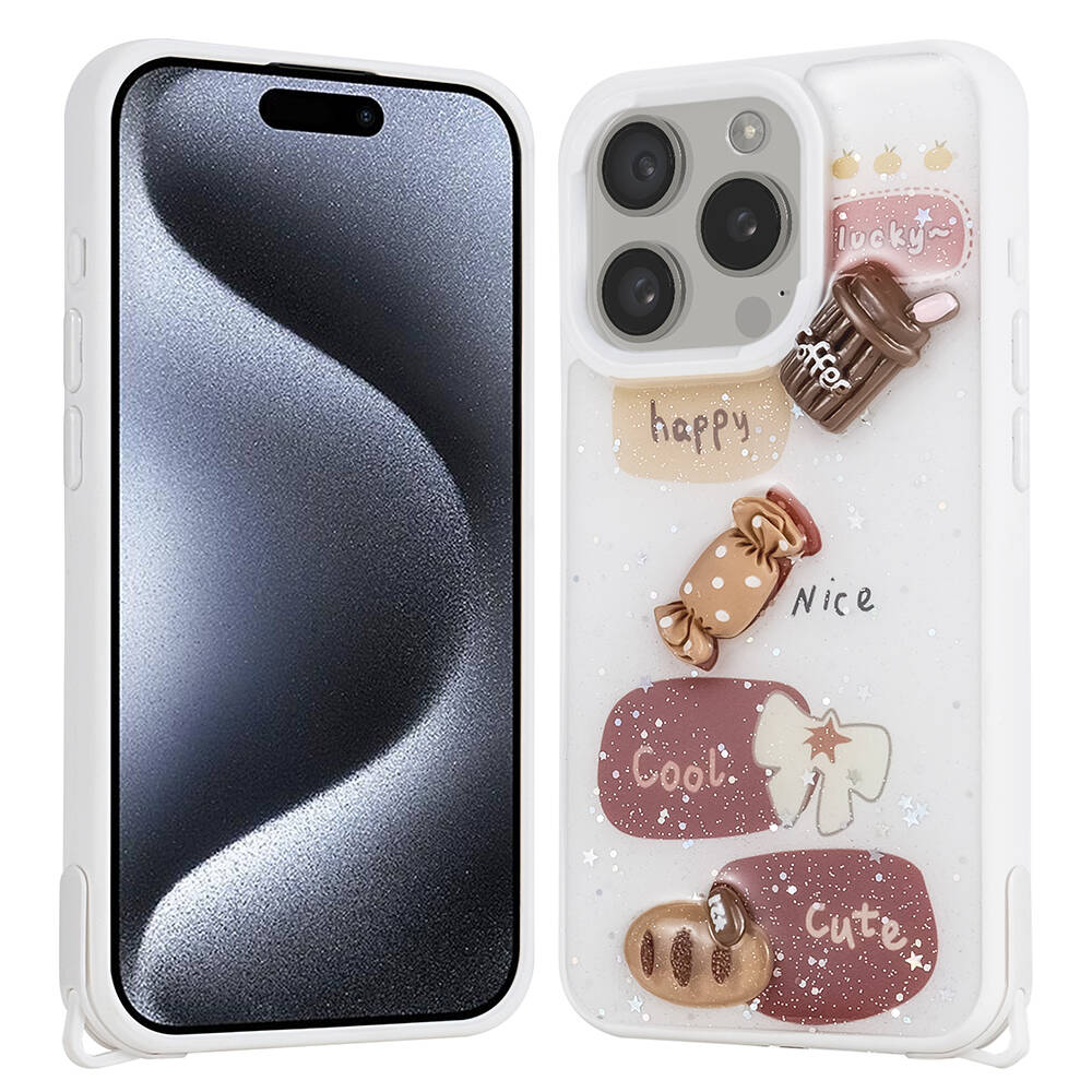 iPhone Uyumlu 15 Pro Kılıf Parlayan Simli Kabartma Figürlü Zore Cevze Kapak-Beyaz