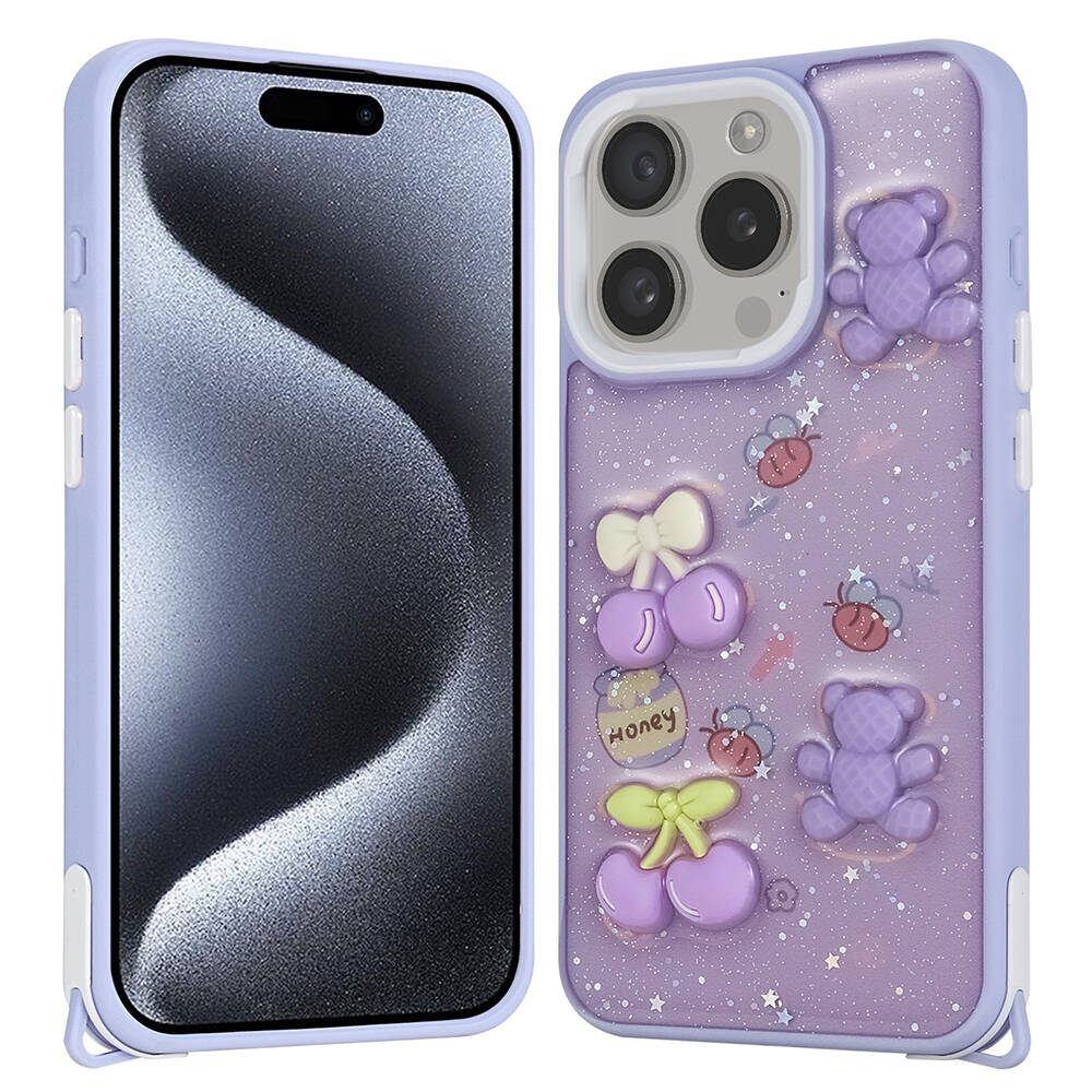 iPhone Uyumlu 15 Pro Kılıf Parlayan Simli Kabartma Figürlü Zore Cevze Kapak-Mor ayı
