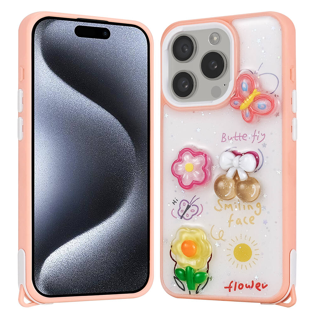 iPhone Uyumlu 15 Pro Kılıf Parlayan Simli Kabartma Figürlü Zore Cevze Kapak-Pembe