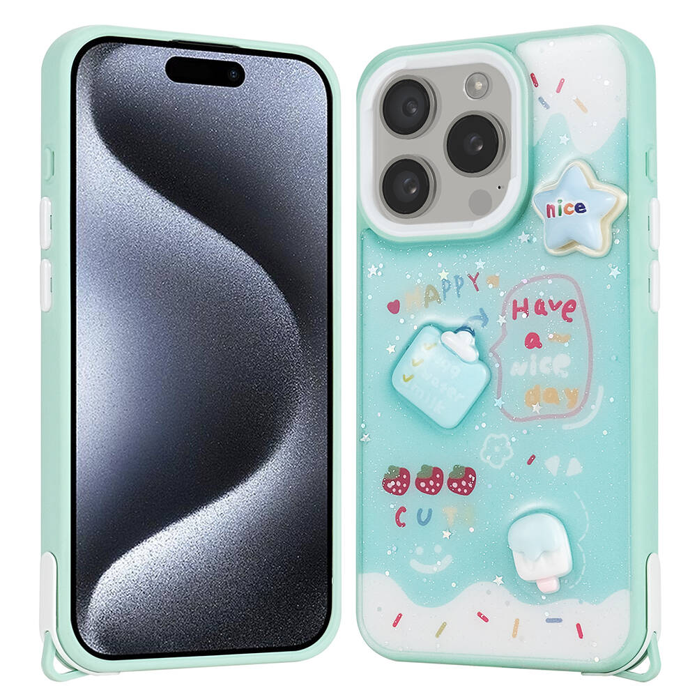iPhone Uyumlu 15 Pro Kılıf Parlayan Simli Kabartma Figürlü Zore Cevze Kapak-Yeşil