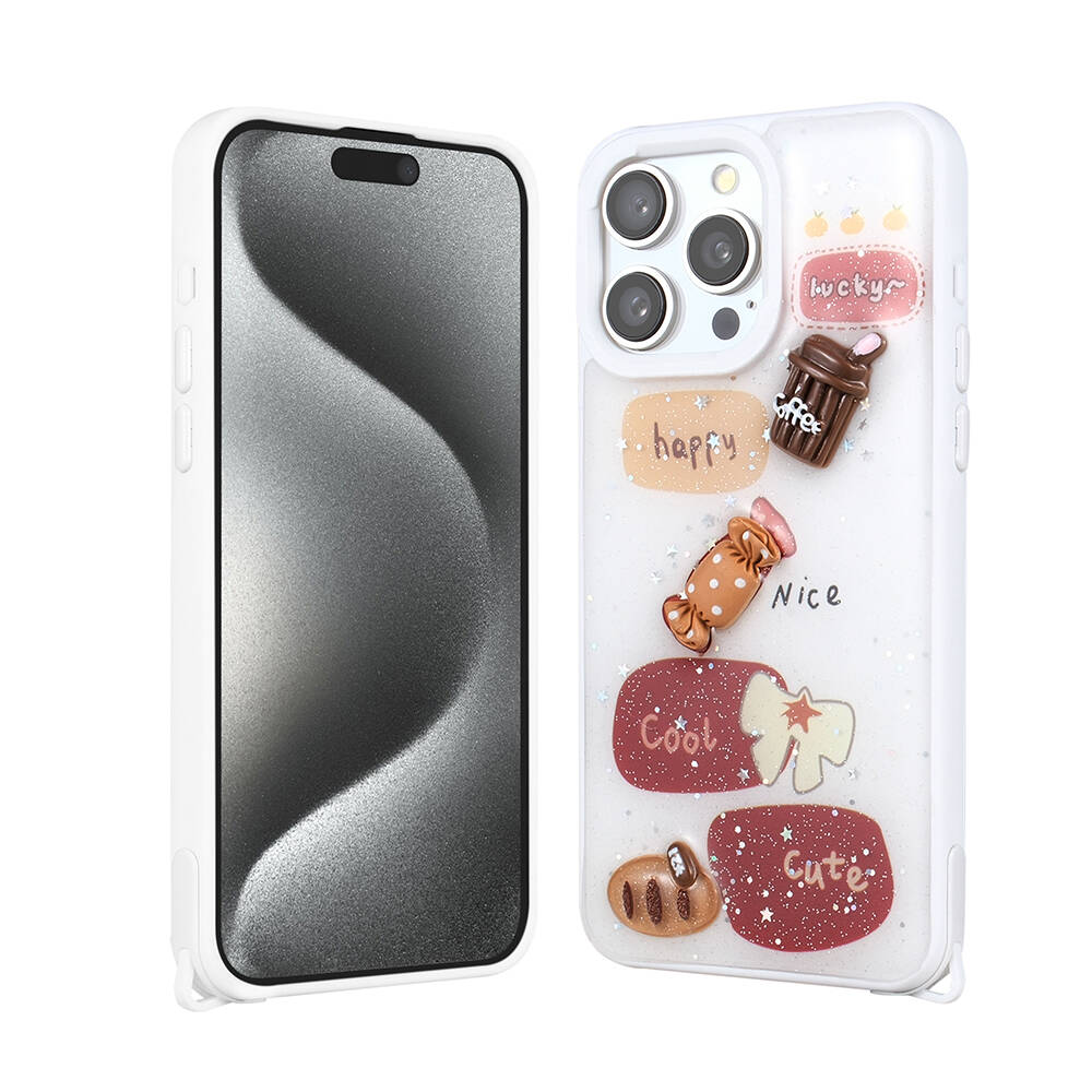 iPhone Uyumlu 15 Pro Max Kılıf Parlayan Simli Kabartma Figürlü Zore Cevze Kapak-Beyaz