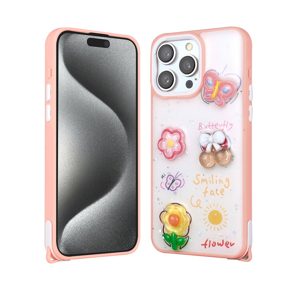 iPhone Uyumlu 15 Pro Max Kılıf Parlayan Simli Kabartma Figürlü Zore Cevze Kapak-Pembe