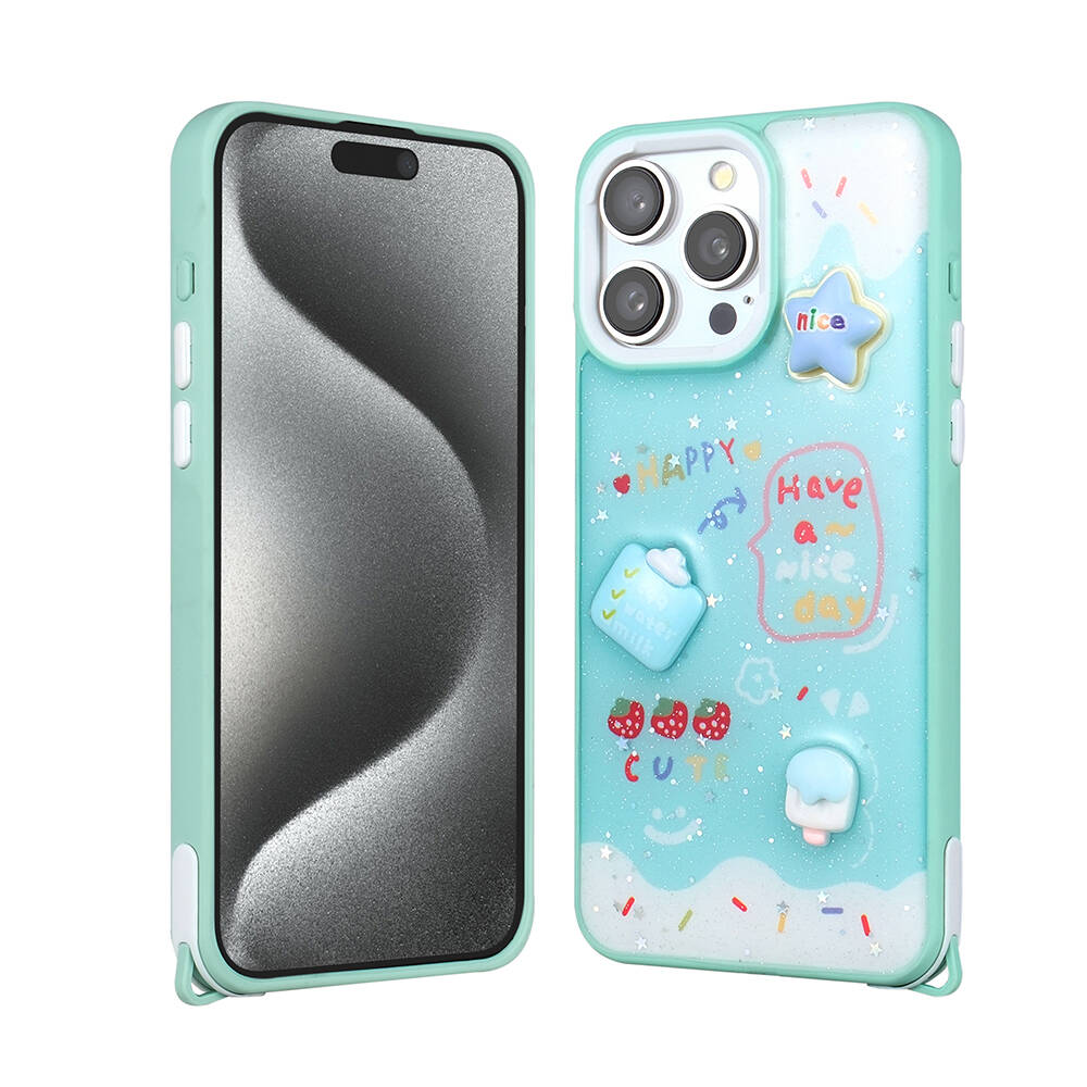 iPhone Uyumlu 15 Pro Max Kılıf Parlayan Simli Kabartma Figürlü Zore Cevze Kapak-Yeşil