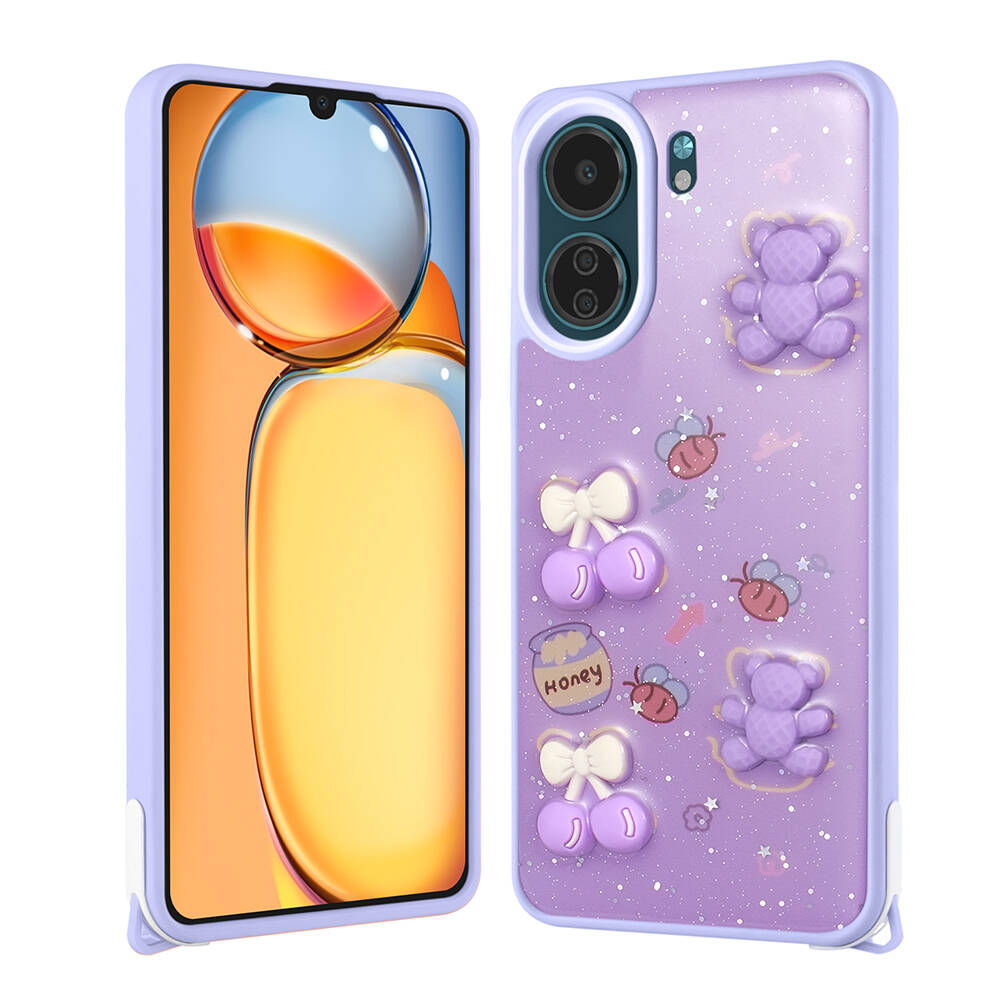 Xiaomi Uyumlu  Poco C65 Kılıf Parlayan Simli Kabartma Figürlü Zore Cevze Kapak-Mor ayı