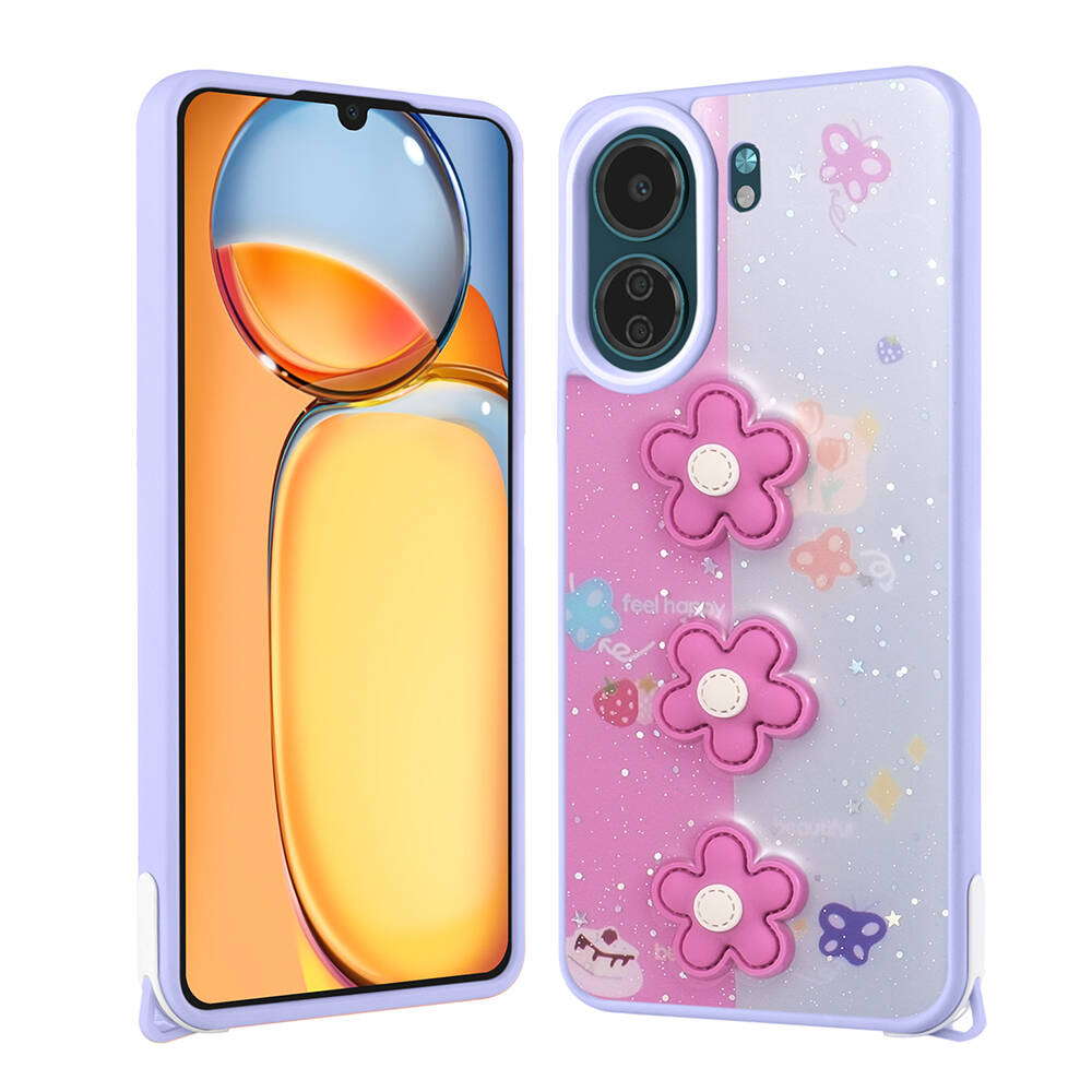 Xiaomi Uyumlu  Poco C65 Kılıf Parlayan Simli Kabartma Figürlü Zore Cevze Kapak