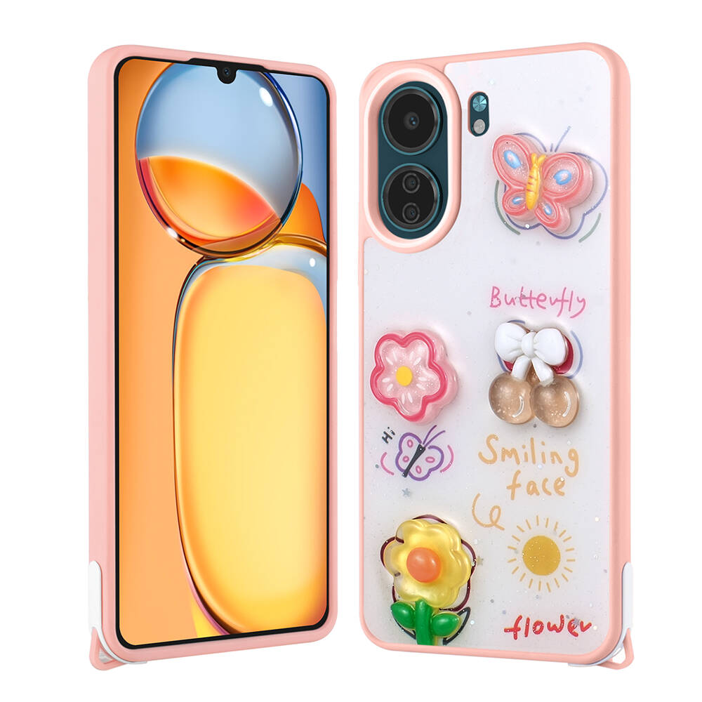 Xiaomi Uyumlu  Poco C65 Kılıf Parlayan Simli Kabartma Figürlü Zore Cevze Kapak-Pembe