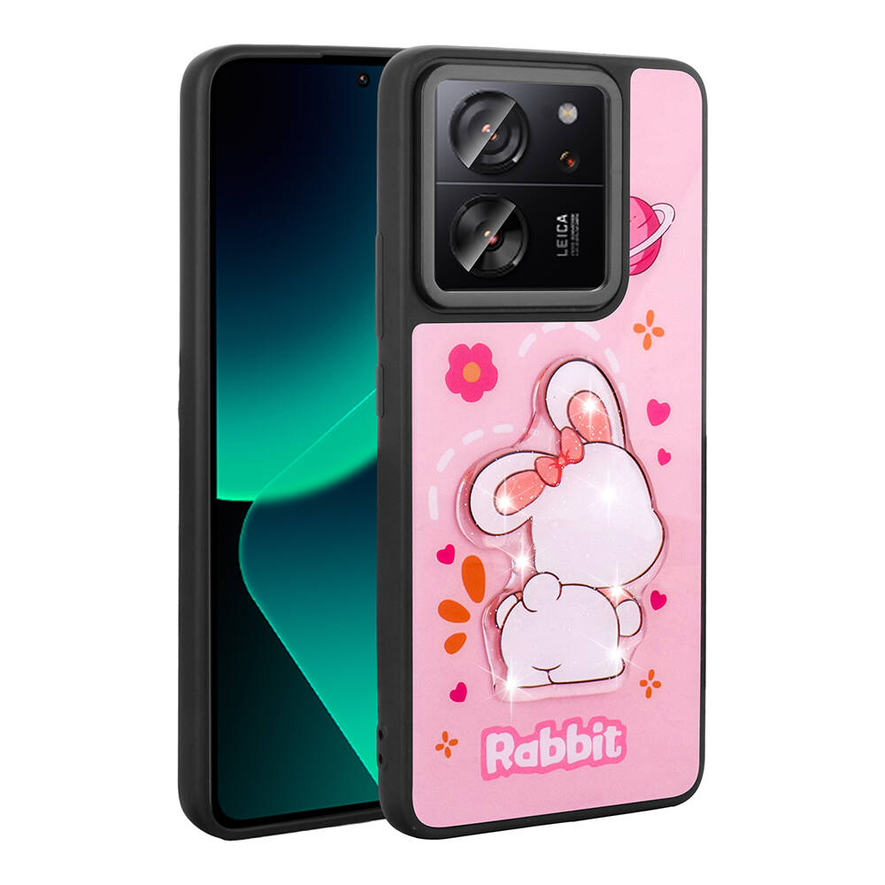 Xiaomi Uyumlu  Mi 13T Kılıf Parlayan Kabartmalı İkonik Figürlü Zore Amas Silikon Kapak-Pembe