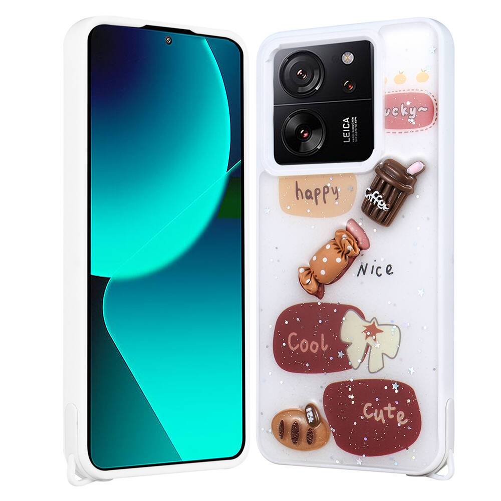 Xiaomi Uyumlu  Mi 13T Kılıf Parlayan Simli Kabartma Figürlü Zore Cevze Kapak-Beyaz