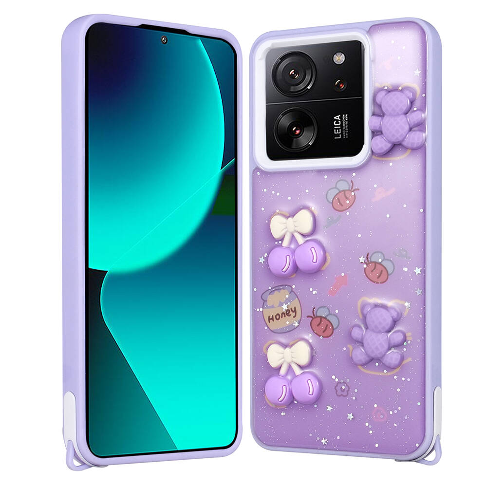 Xiaomi Uyumlu  Mi 13T Kılıf Parlayan Simli Kabartma Figürlü Zore Cevze Kapak-Mor ayı