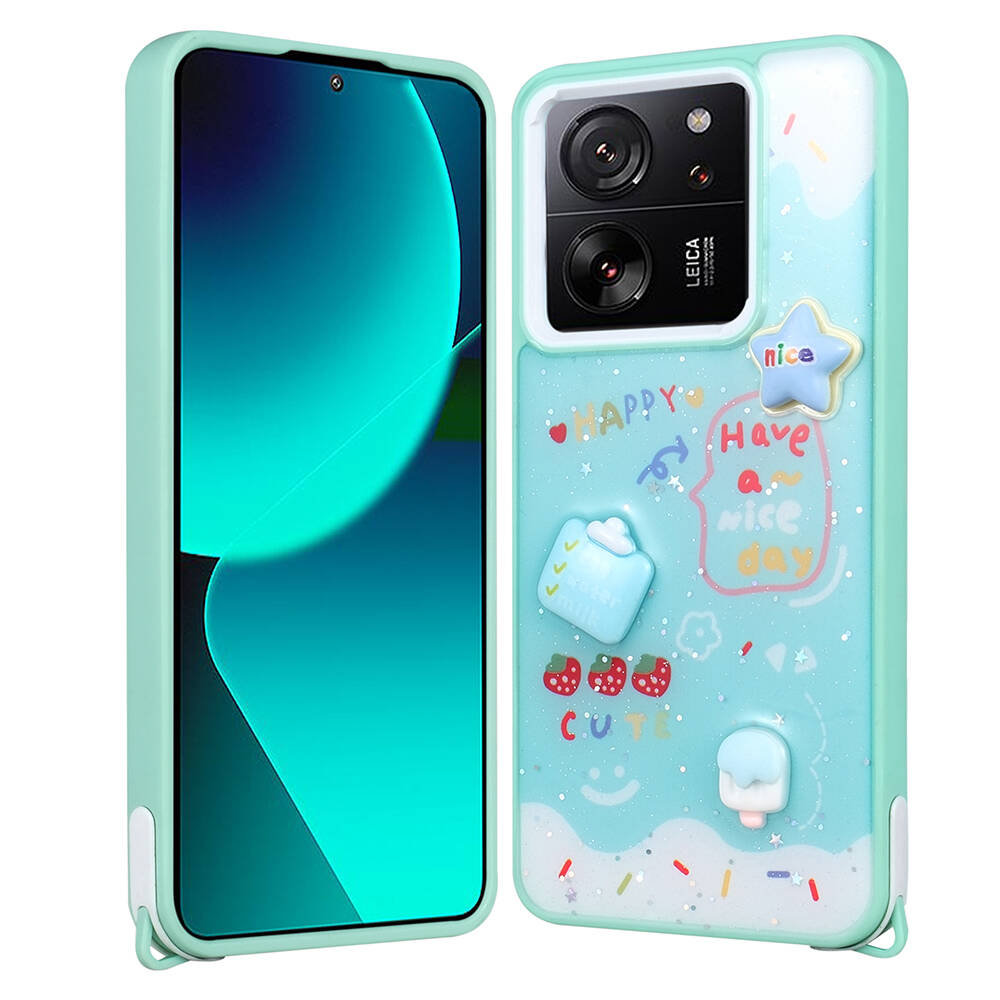 Xiaomi Uyumlu  Mi 13T Kılıf Parlayan Simli Kabartma Figürlü Zore Cevze Kapak-Yeşil