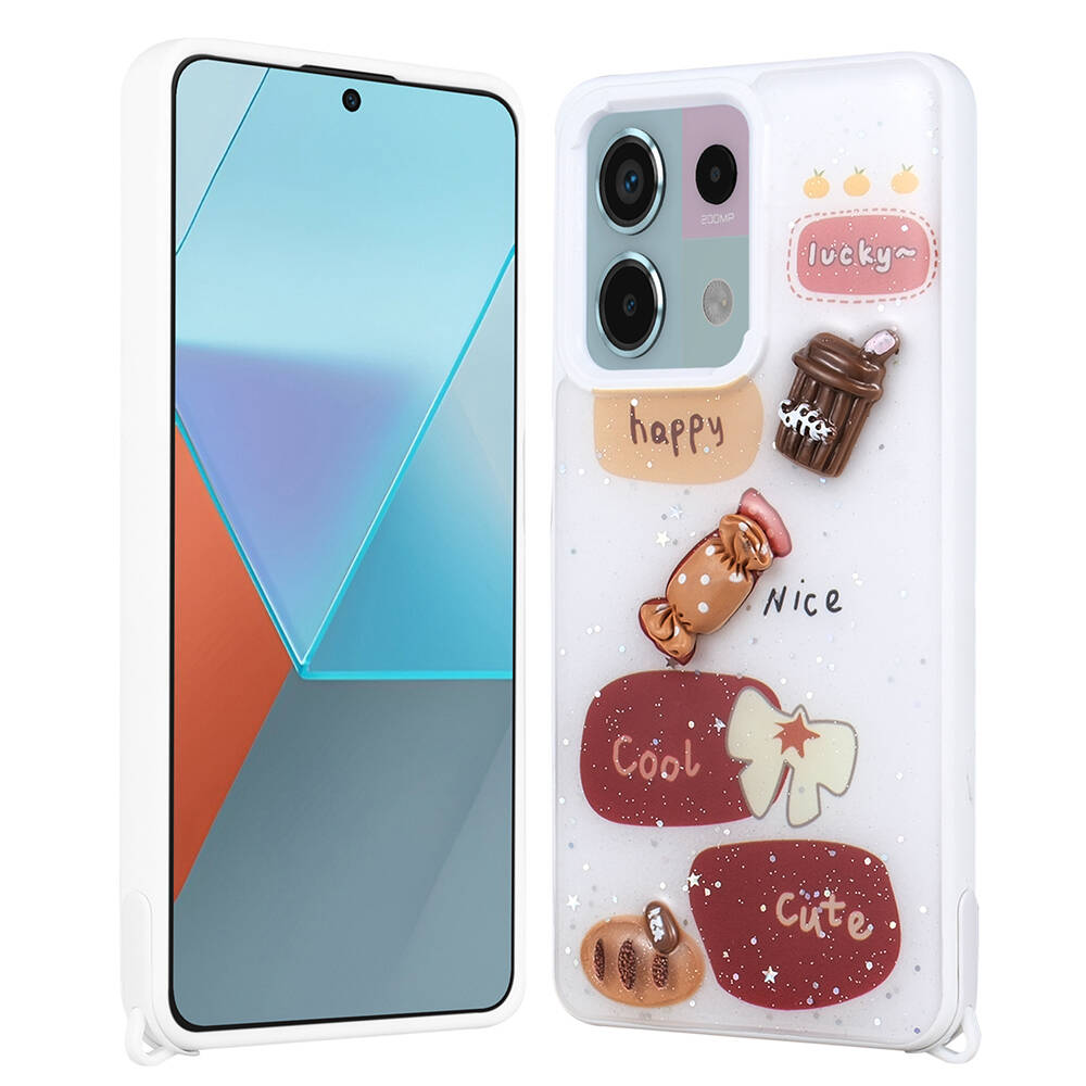 Xiaomi Uyumlu  Redmi Note 13 Pro 5G Kılıf Parlayan Simli Kabartma Figürlü Zore Cevze Kapak-Beyaz