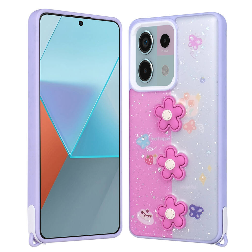 Xiaomi Uyumlu  Redmi Note 13 Pro 5G Kılıf Parlayan Simli Kabartma Figürlü Zore Cevze Kapak-Mor papatya