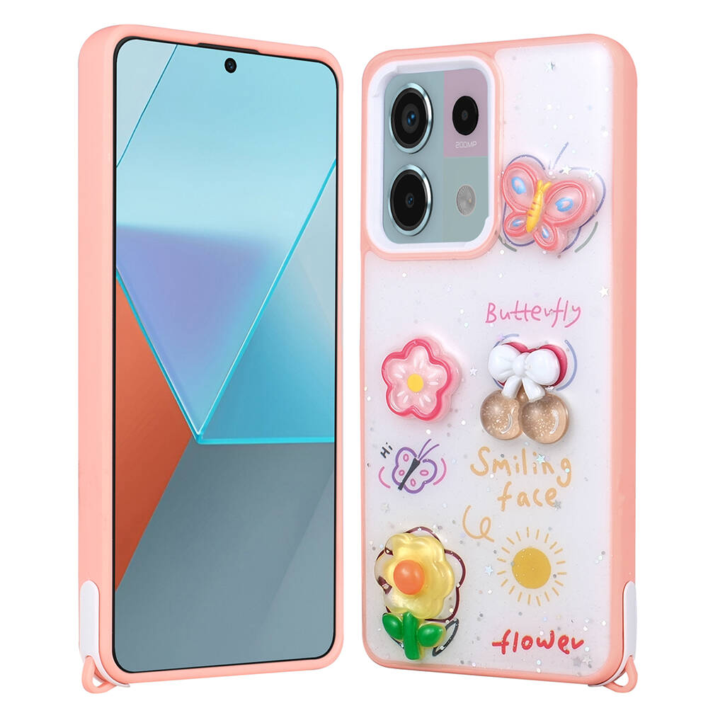 Xiaomi Uyumlu  Redmi Note 13 Pro 5G Kılıf Parlayan Simli Kabartma Figürlü Zore Cevze Kapak-Pembe