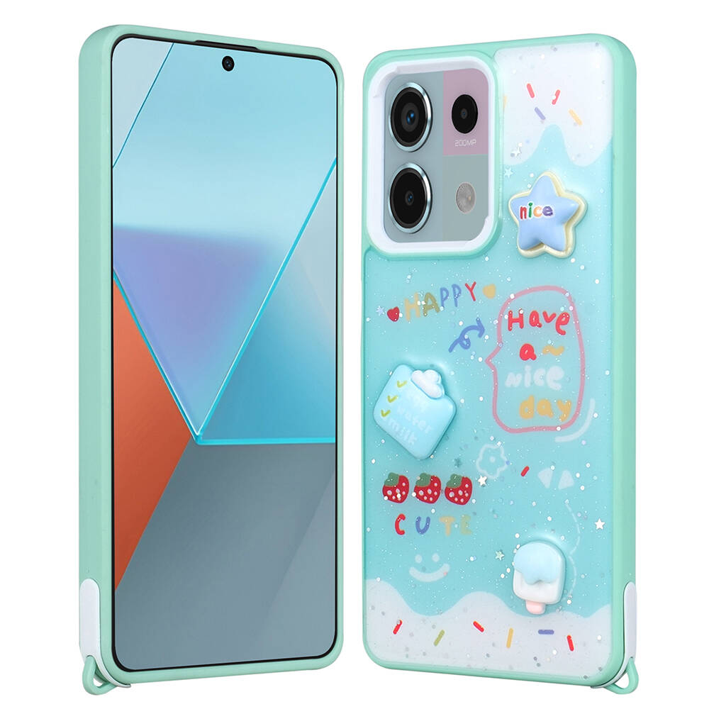 Xiaomi Uyumlu  Redmi Note 13 Pro 5G Kılıf Parlayan Simli Kabartma Figürlü Zore Cevze Kapak-Yeşil