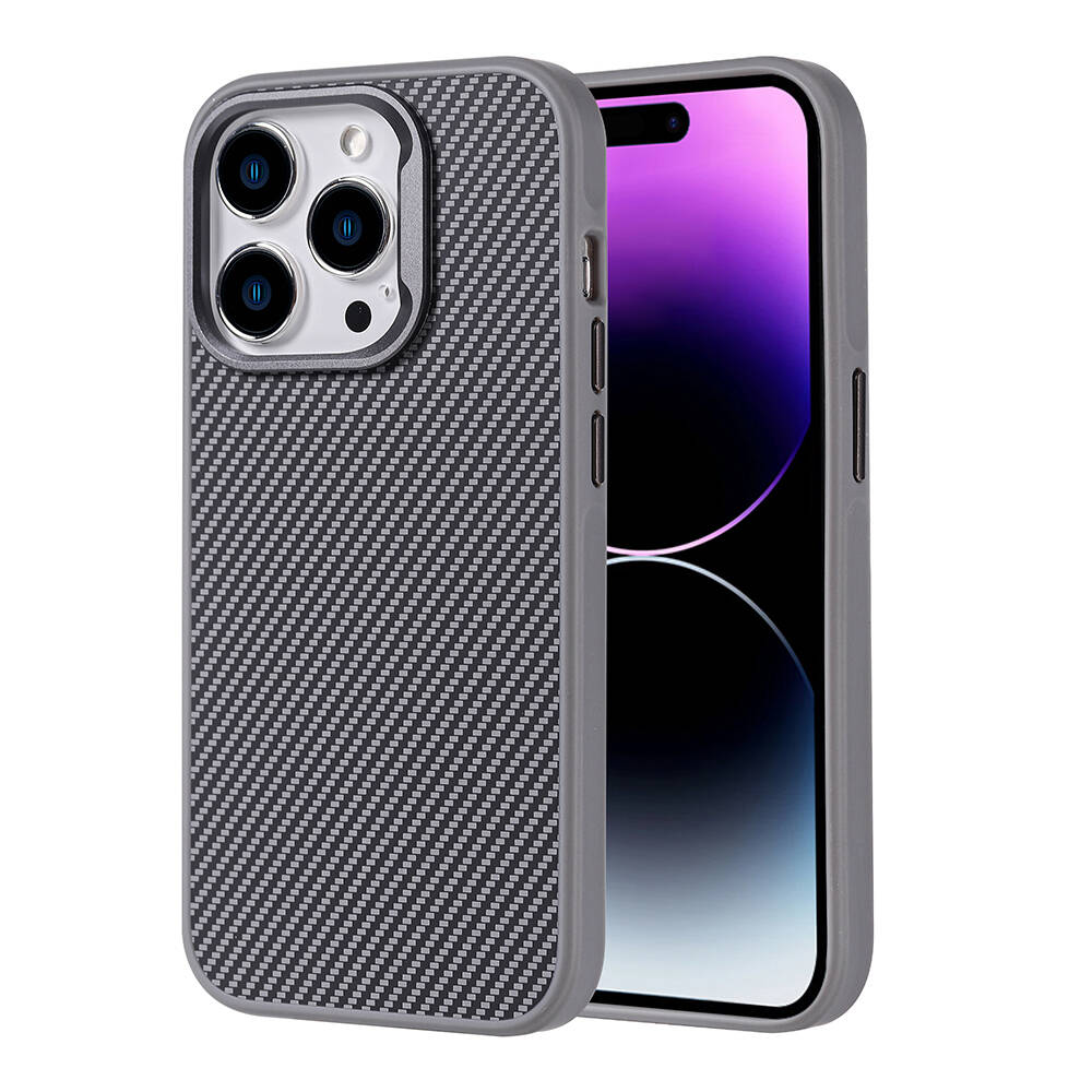 iPhone Uyumlu 15 Pro Kılıf M-safe Şarj Özellikli Karbon Fiber Görünümlü Zore Troy Kapak-Gümüş