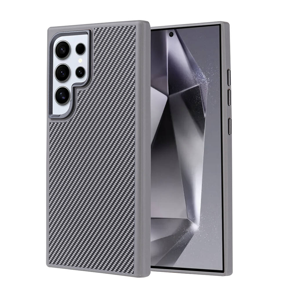 Galaxy Uyumlu S24 Ultra Kılıf M-safe Şarj Özellikli Karbon Fiber Görünümlü Zore Troy Kapak-Gümüş