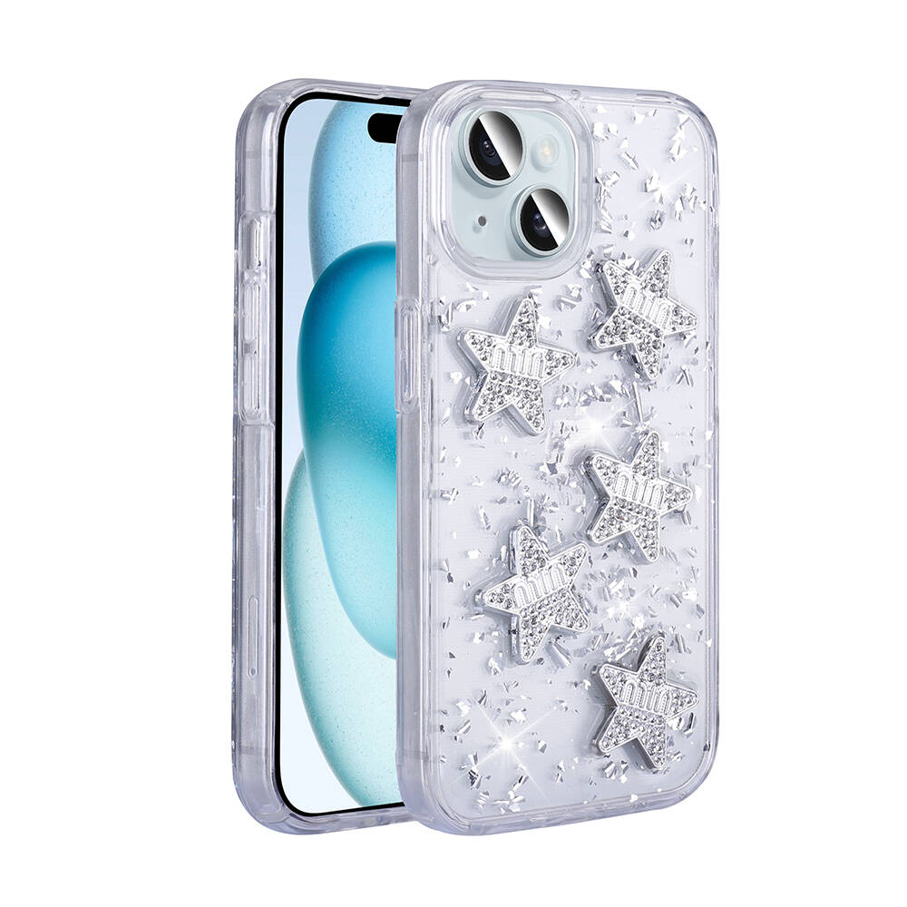 iPhone Uyumlu 13 Kılıf Airbagli Simli Arka Yüzey Zore Işıltı Silikon Kapak-Beyaz-yıldız