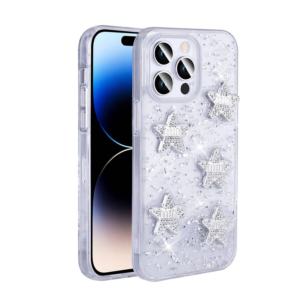 iPhone Uyumlu 14 Pro Max Kılıf Airbagli Simli Arka Yüzey Zore Işıltı Silikon Kapak-Beyaz-yıldız