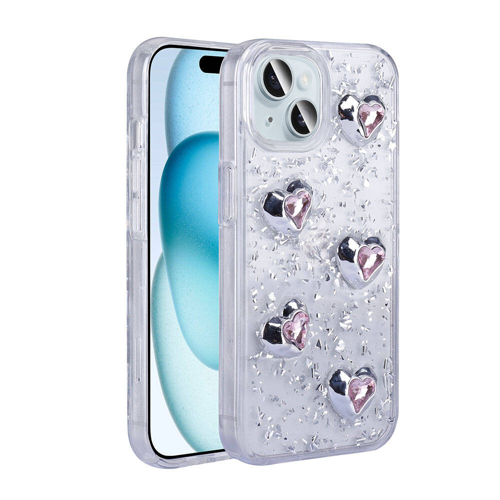 iPhone Uyumlu 15 Kılıf Airbagli Simli Arka Yüzey Zore Işıltı Silikon Kapak-Beyaz-kalp