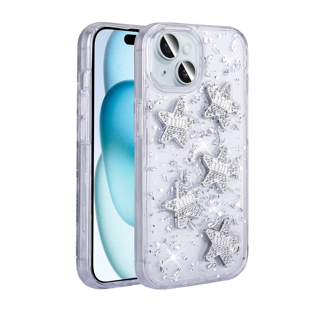 iPhone Uyumlu 15 Kılıf Airbagli Simli Arka Yüzey Zore Işıltı Silikon Kapak-Beyaz-yıldız