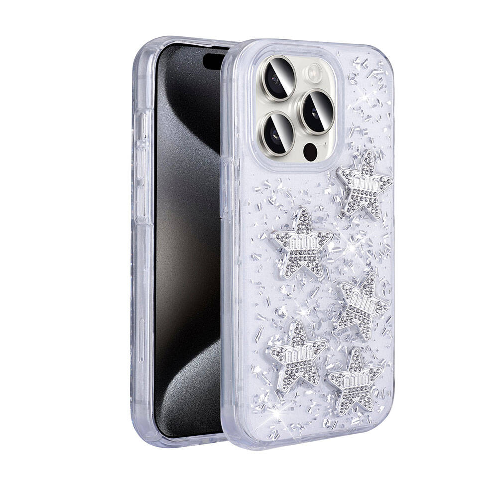 iPhone Uyumlu 15 Pro Kılıf Airbagli Simli Arka Yüzey Zore Işıltı Silikon Kapak-Beyaz-yıldız