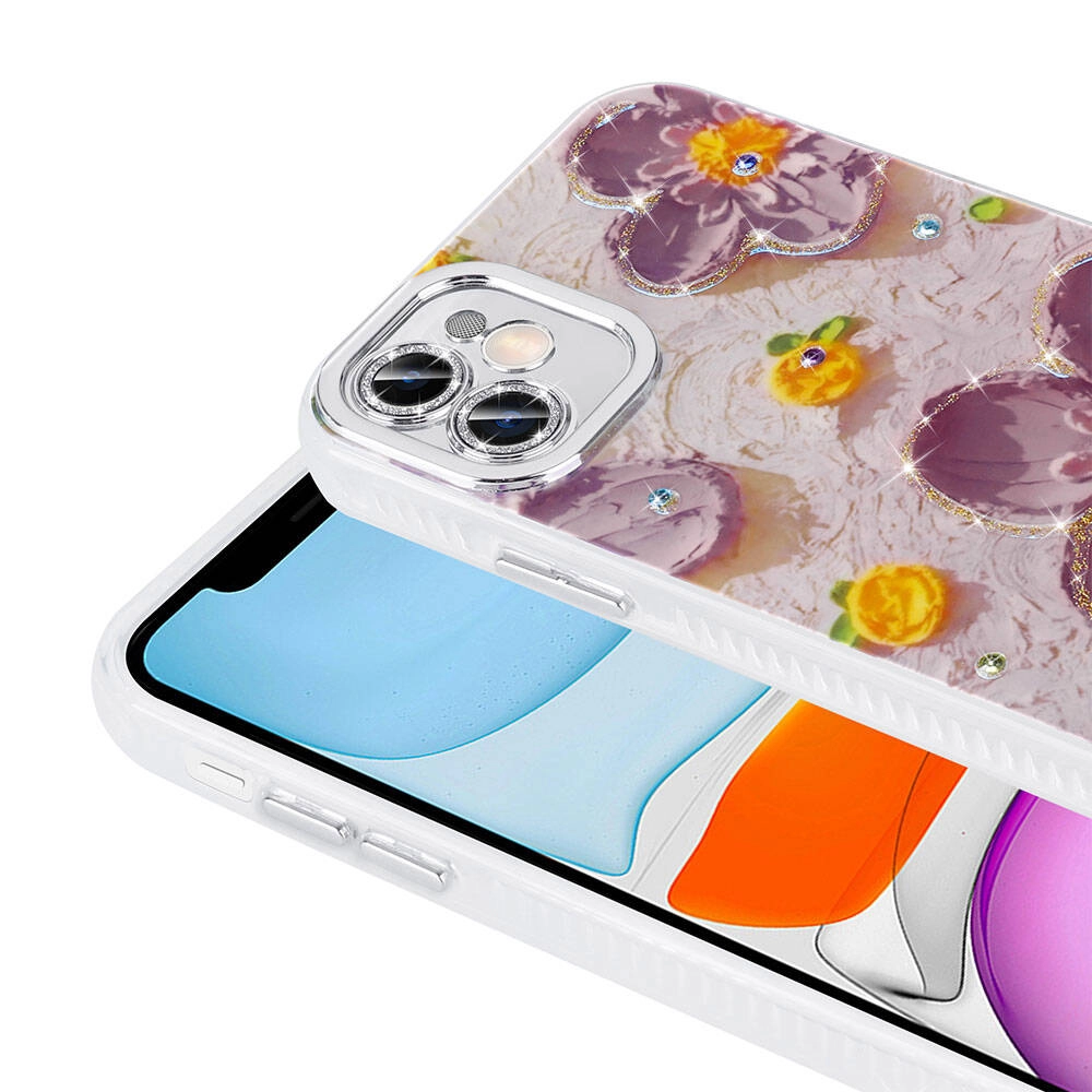 iPhone Uyumlu 11 Kılıf Çiçek Desenli Parlak Taşlı Sert Silikon Zore Garden Kapak