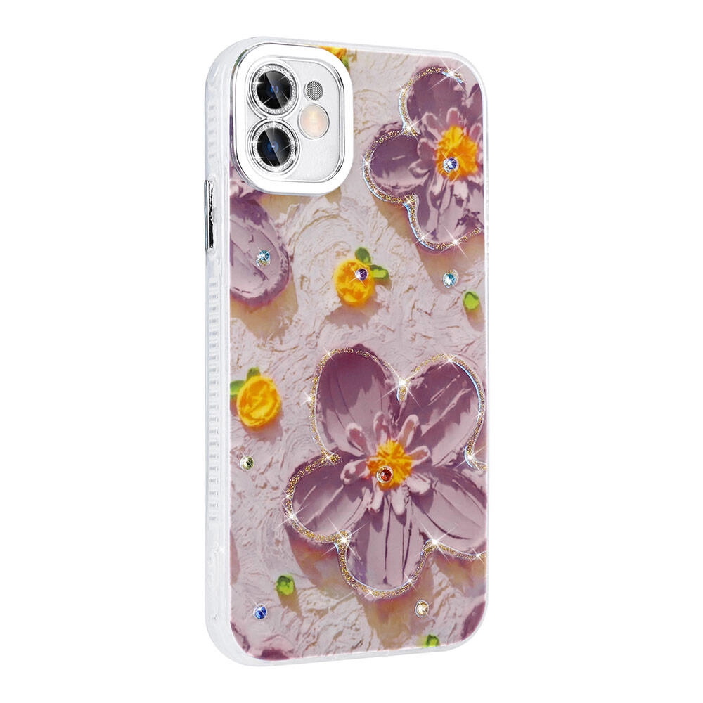 iPhone Uyumlu 11 Kılıf Çiçek Desenli Parlak Taşlı Sert Silikon Zore Garden Kapak