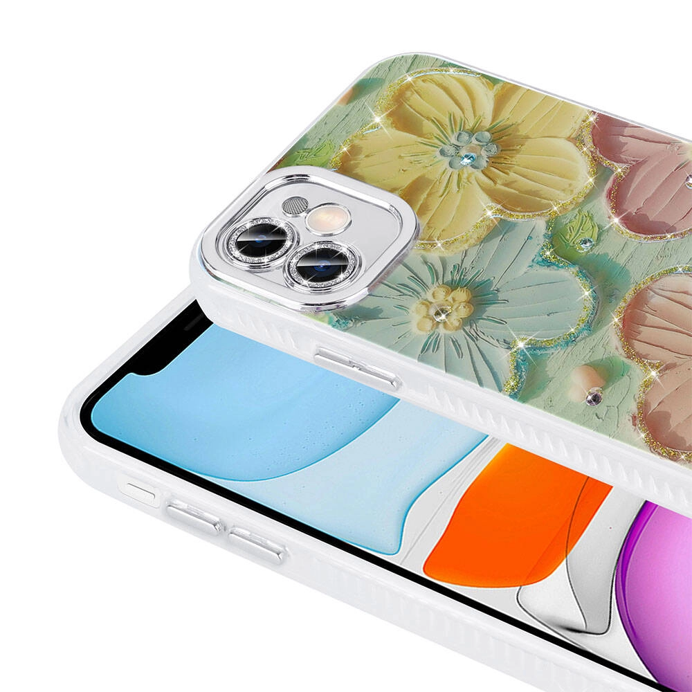 iPhone Uyumlu 11 Kılıf Çiçek Desenli Parlak Taşlı Sert Silikon Zore Garden Kapak