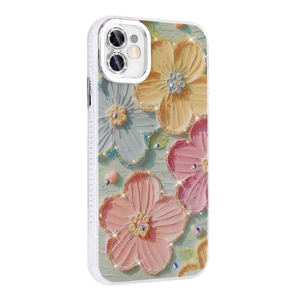 iPhone Uyumlu 11 Kılıf Çiçek Desenli Parlak Taşlı Sert Silikon Zore Garden Kapak
