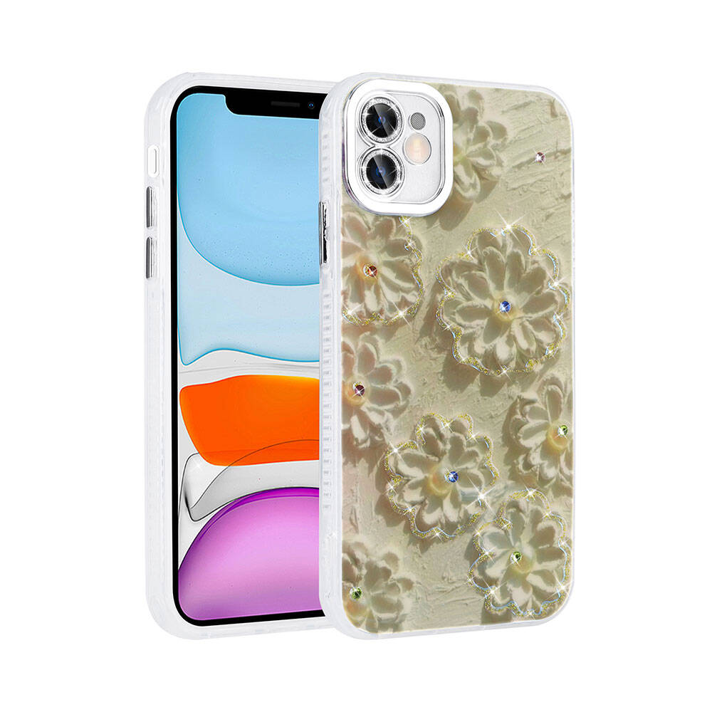 iPhone Uyumlu 11 Kılıf Çiçek Desenli Parlak Taşlı Sert Silikon Zore Garden Kapak-Beyaz