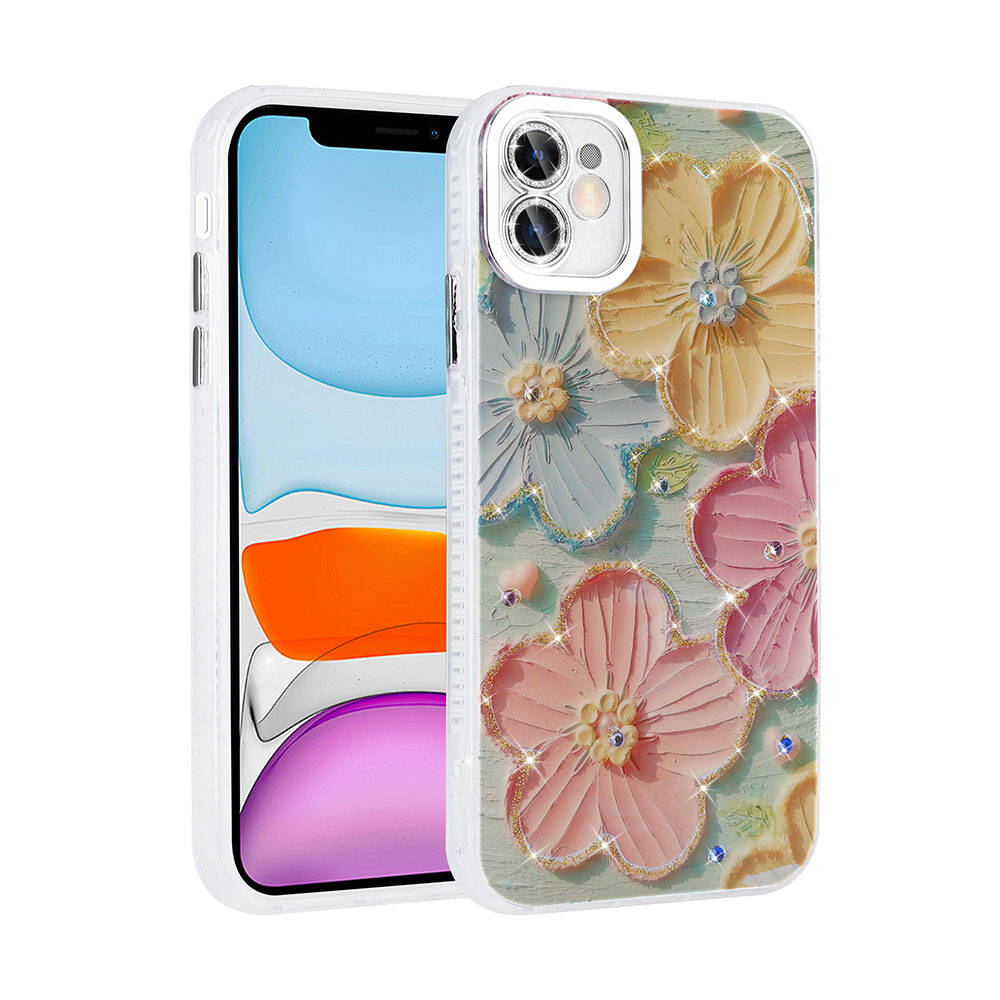 iPhone Uyumlu 11 Kılıf Çiçek Desenli Parlak Taşlı Sert Silikon Zore Garden Kapak-Colorful