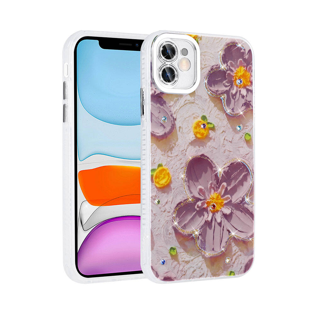 iPhone Uyumlu 11 Kılıf Çiçek Desenli Parlak Taşlı Sert Silikon Zore Garden Kapak-Mor
