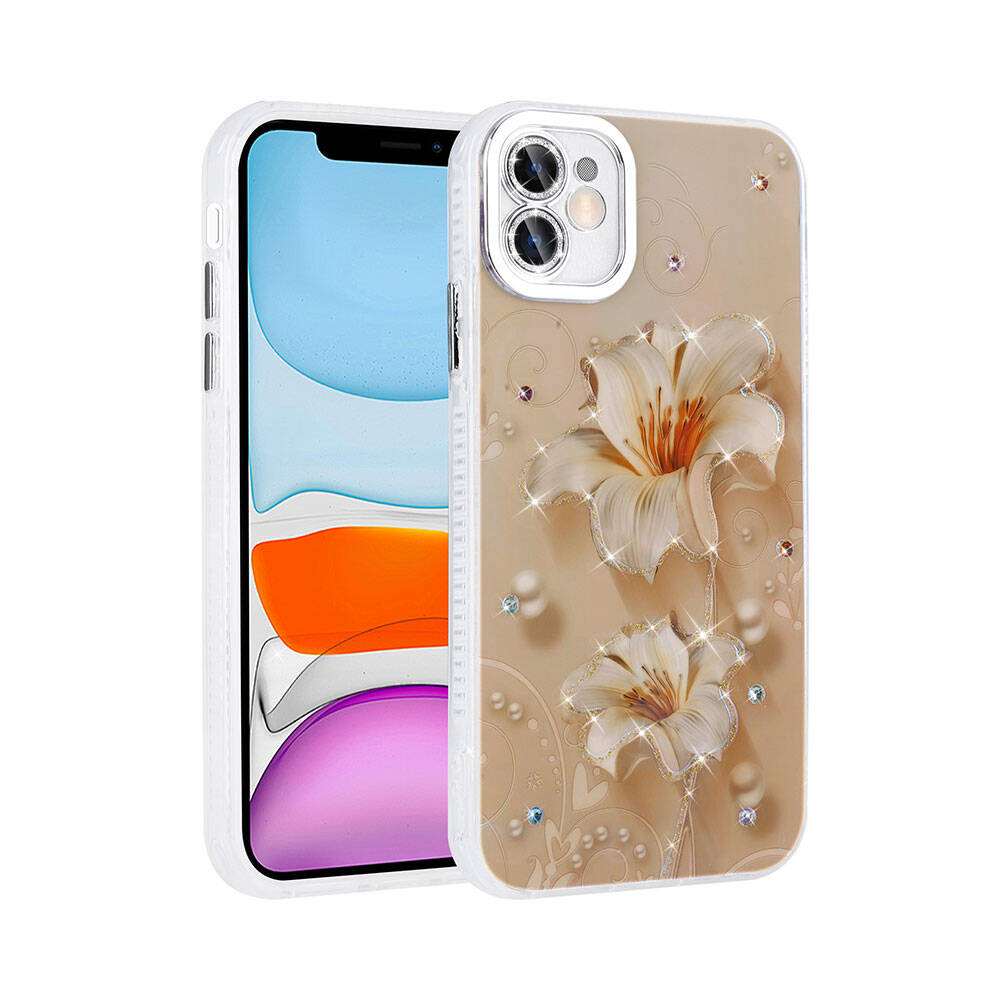 iPhone Uyumlu 11 Kılıf Çiçek Desenli Parlak Taşlı Sert Silikon Zore Garden Kapak-Pembe açık