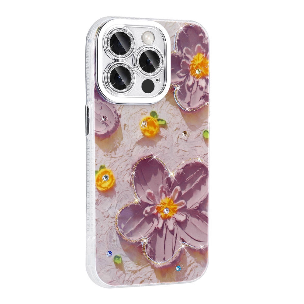iPhone Uyumlu 14 Pro Max Kılıf Çiçek Desenli Parlak Taşlı Sert Silikon Zore Garden Kapak