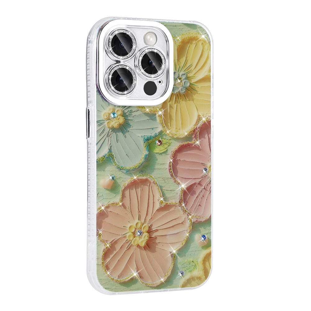 iPhone Uyumlu 14 Pro Max Kılıf Çiçek Desenli Parlak Taşlı Sert Silikon Zore Garden Kapak